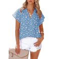 thumbnail image 1 of Blusa de gasa para mujer, cuello en V, manga corta, ajuste holgado, cómoda camisa informal para uso diario, azul 2XL, 1 of 4