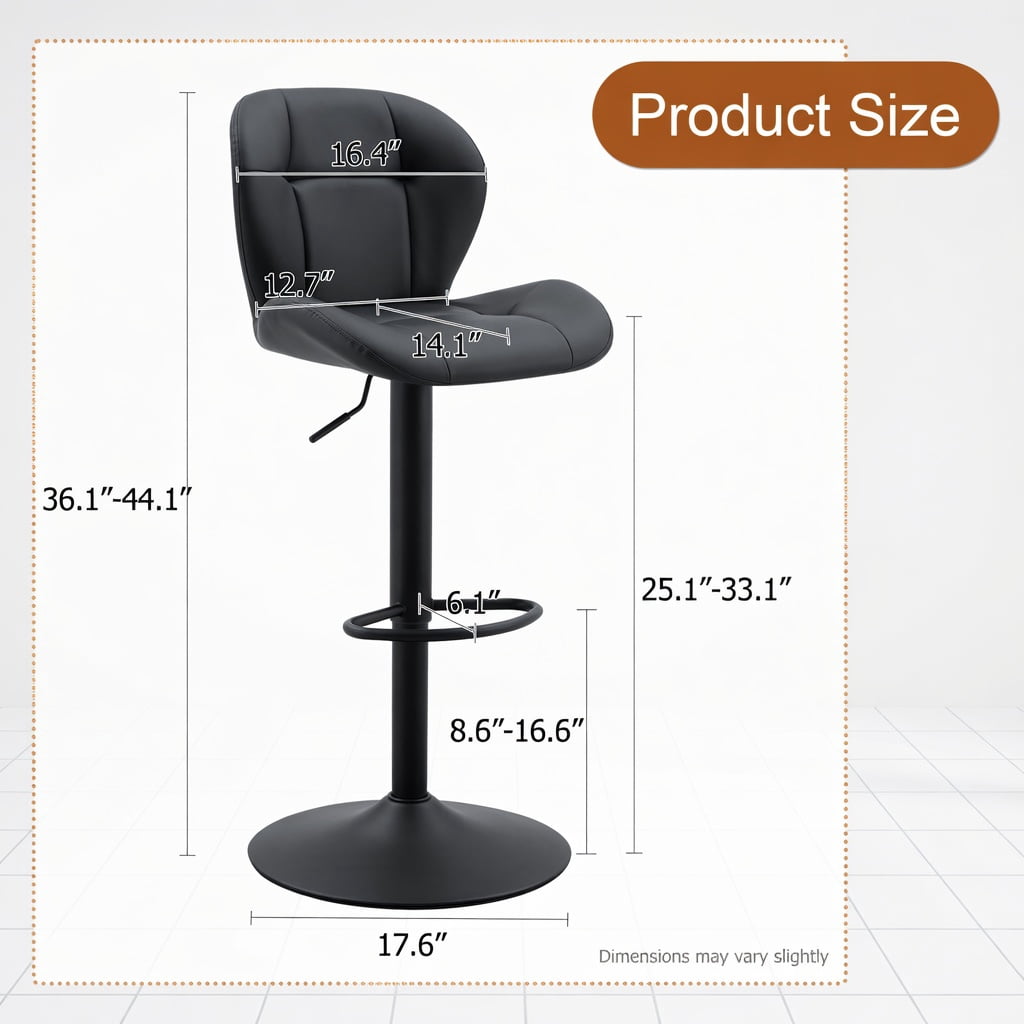 Hommoo 2-Pack Height-Adjustable Bar Stools with Tufted PU Upholstery, Metal Frame & Footrest, Ideal for Kitchen Islands, Home Bars & Pubs, Black
