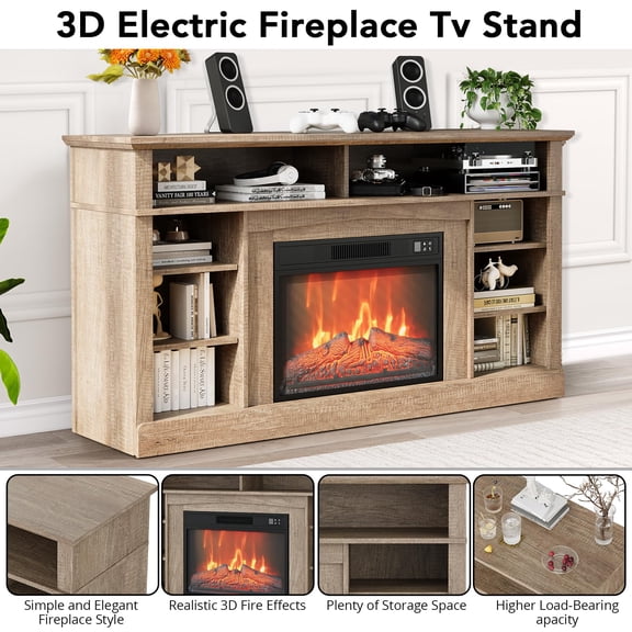 58 Inch Modern Farmhouse Fireplace TV Stand for TVs Up to 65", 23" Electric Fireplace Insert, Realistic LED Flames, Remote Control