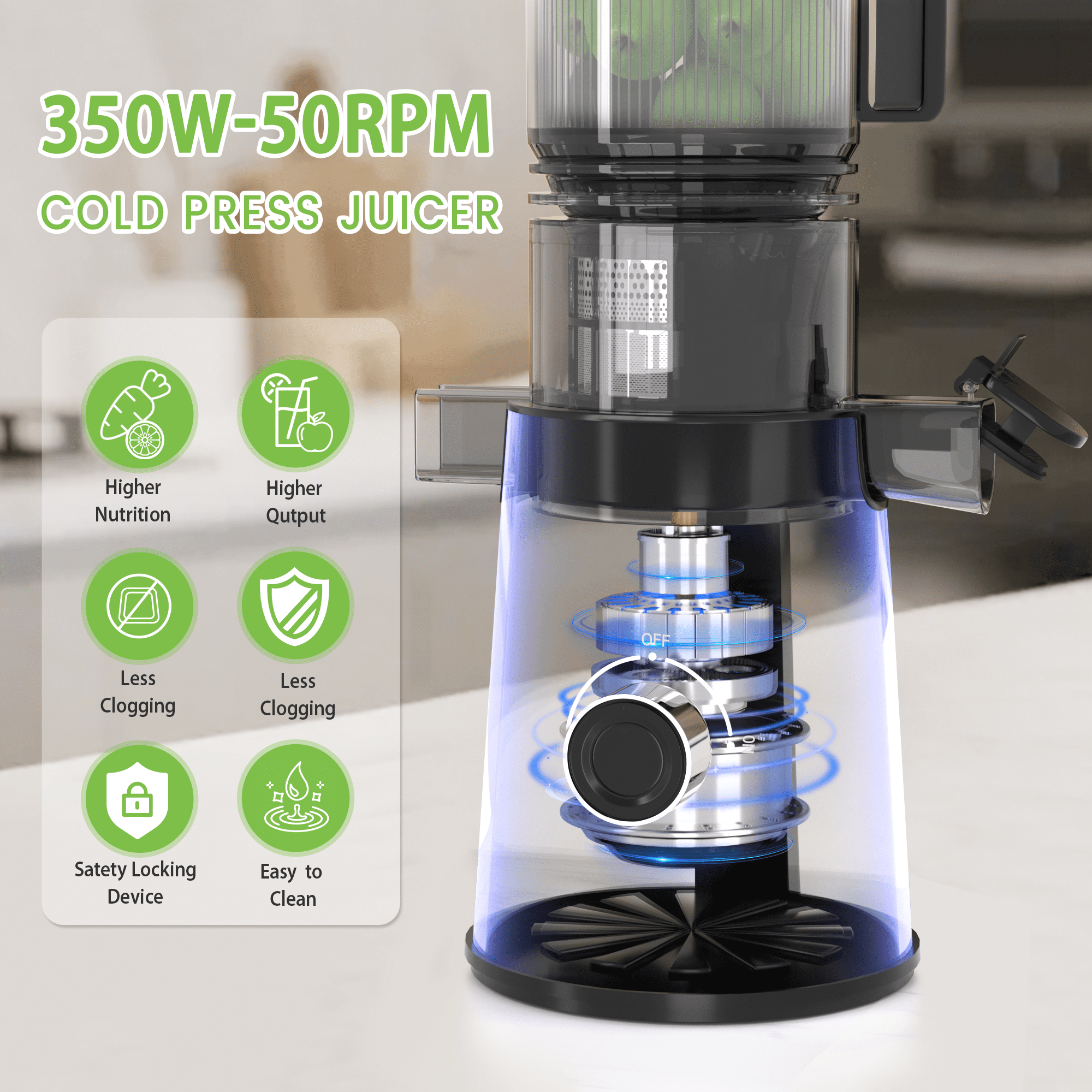 Cofiyard Cold Press Juicer, Slow Masticating Juicer with 5" Feed Chute, 350W Juice Extractor Machine with High Juice Yield, Easy to Clean (Black)
