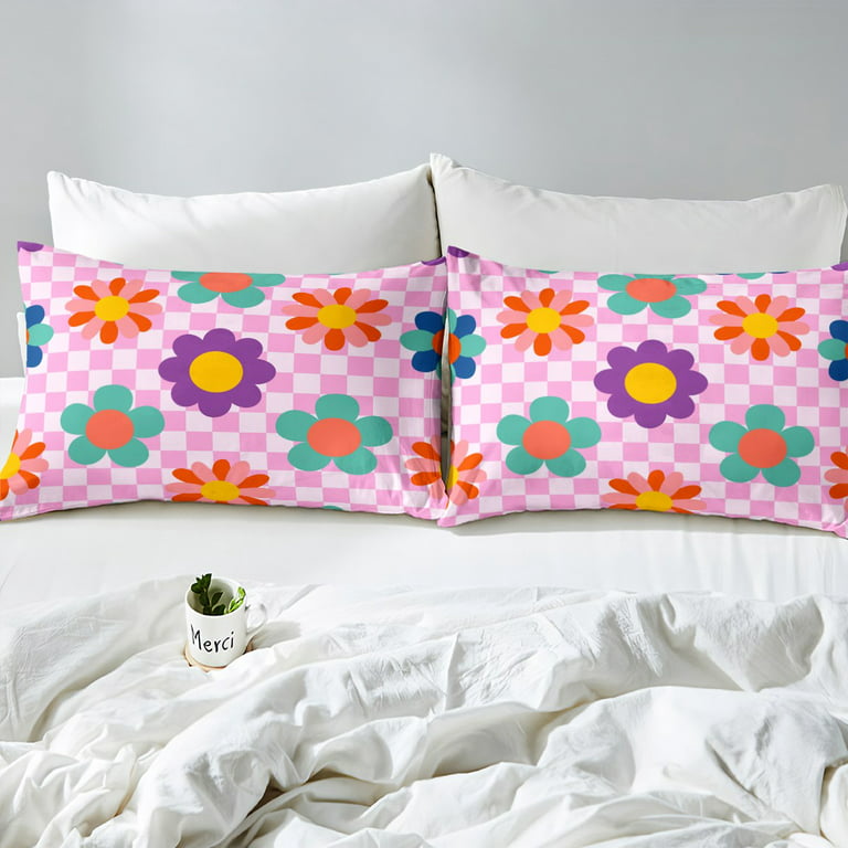 Groovy Flower Comforter Cover Queen for Kids,Retro Kawaii Florals Bedding  Set Y2K Room Decor for Teens Girls,Hippie Aesthetic Funny Blossom Duvet