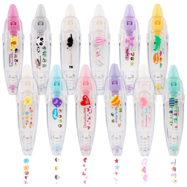 12 Pcs Stylo à Ruban Décoratif, Stylo Décoratif à Pression Stylo à Ruban Correcteur Animal Ruban Blanc Ruban Rouleau