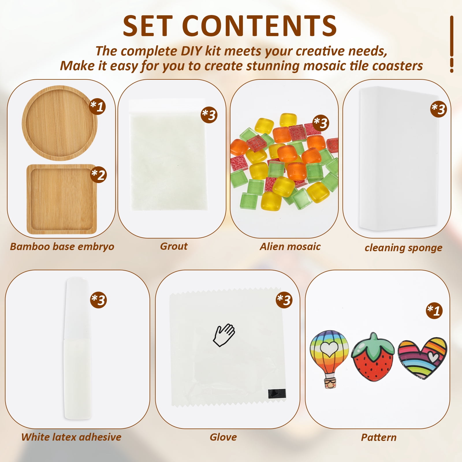 3 Pcs DIY Mosaic Kit for Adult Glass Tile for Craft with Bamboo Cup Pad for Women Mixed Color Mosaic Art Craft Cup Mat Project Handmade Making Kit Set for Home Decor Present