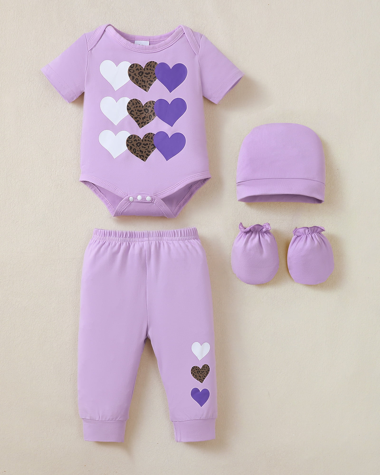 Kimi Bear Newborn Baby Girls Layette Essentials Set 3-6 Months Summer Clothes 4 Packs Short Sleeves Romper Tops Pants Sets with Hats and Gloves 16pcs Girl Gifts Purple