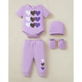 thumbnail image 4 of KIMI BEAR Newborn Baby Girls Layette Essentials Set 9-12 Months Summer Clothes 4 Packs Short Sleeves Romper Tops Pants Sets with Hats and Gloves 16pcs Girl Gifts Purple, 4 of 9