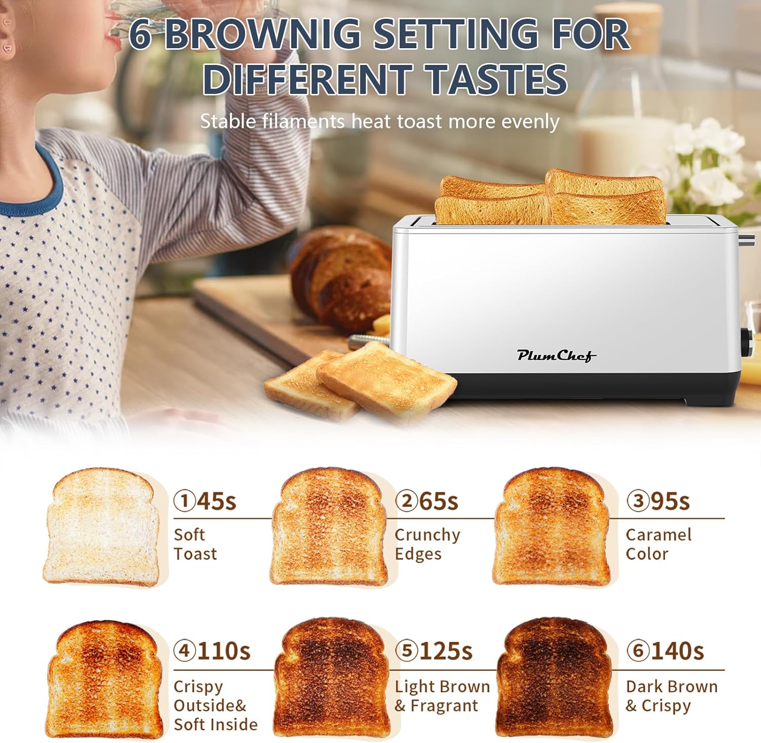 4-Slice Extra Wide Long Slot Toaster (Silver, 1350W) - Stainless Steel, Removable Crumb Tray, 6 Browning Settings & Bagel/Defrost/Reheat Functions