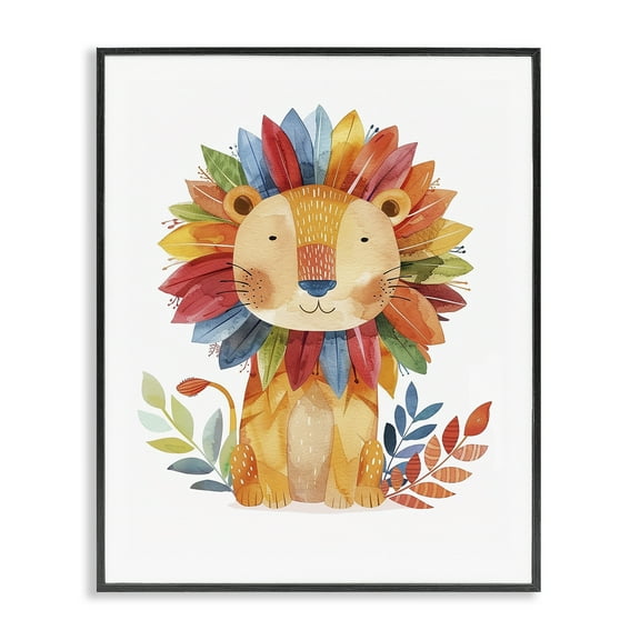 Stupell Industries Rainbow Blooms Lion Animals Painting Black Framed Art Print Wall Art, 11 x 14