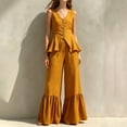 thumbnail image 2 of Womens Casual Two Piece Outfit V Neck Sleeveless Button Peplum Top High Waist Ruffle Hem Wide Leg Pants Solid Color Elegant Set Yellow XL(XL), 2 of 7