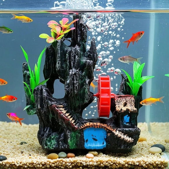 mdesiwst Aquarium Spinning Waterwheel, Fish Tank Ornament, Mini Rockery Mountain Waterwheel Air Bubbler, Aerating Action Ornament, Fish Hideout Cave for Betta Shrimp Tank Decor