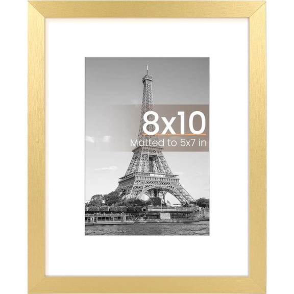 8x10 Picture Frame, Display Pictures 5x7 with Mat or 8x10 Without Mat, Wall Hanging Photo Frame, Gold, 1 Pack