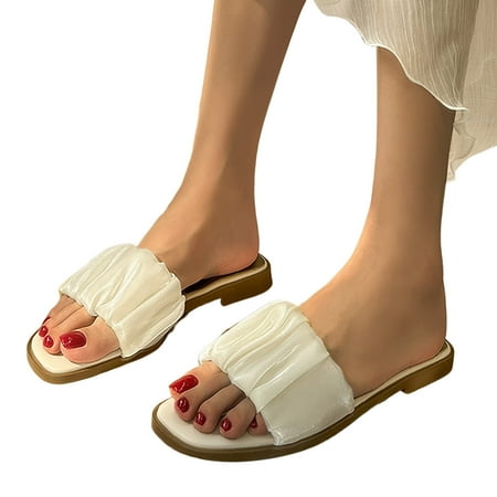 

ZIZOCWA Summer Beach Flat Sandals Women Pu 2023 Fashion Comfortable Open Toe Slippers Summer Outdoor Pleated Mesh Elegant Flip Flops White Size6.5
