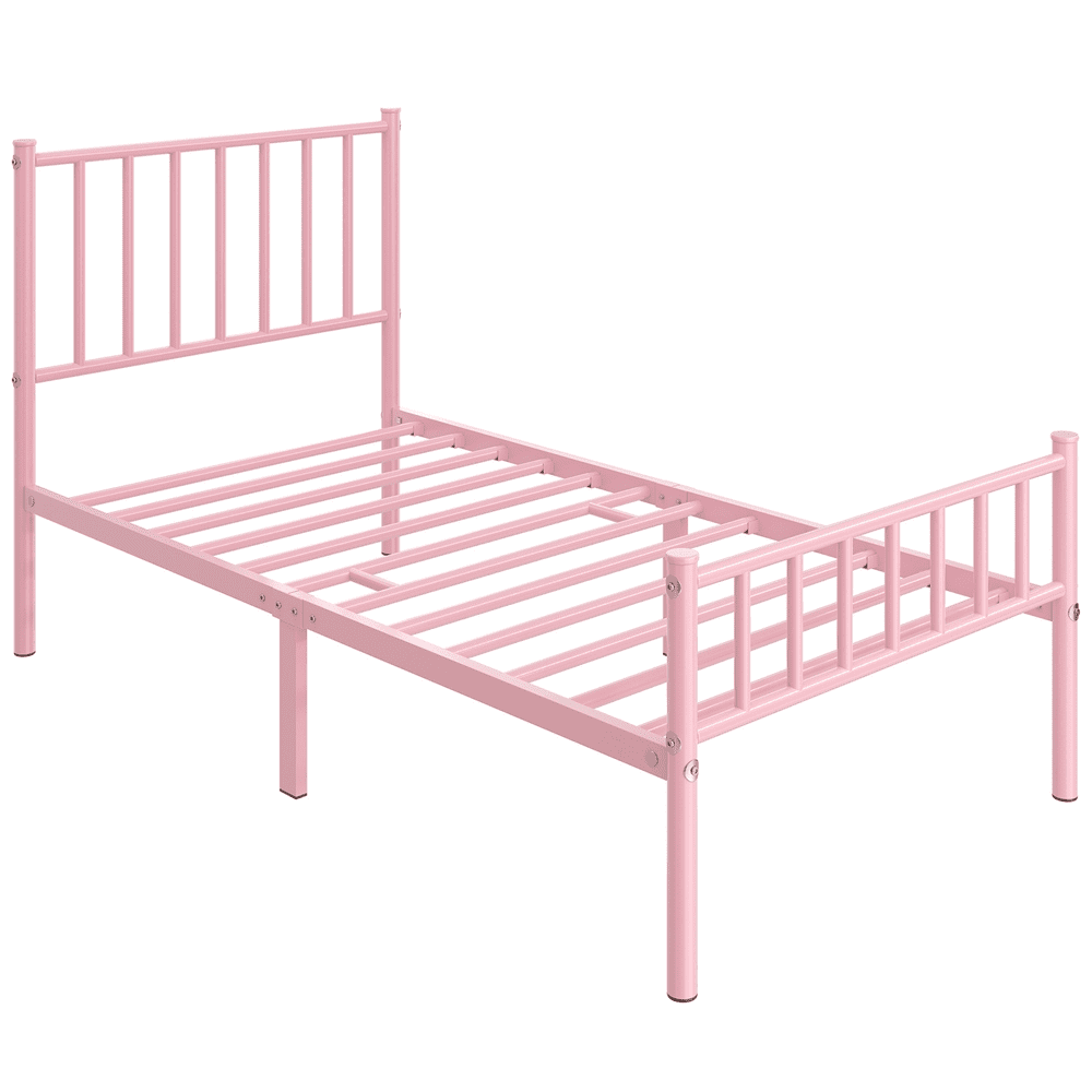 Yaheetech Metal Bed Frame with Spindle Headboard and Footboard,Twin,Pink