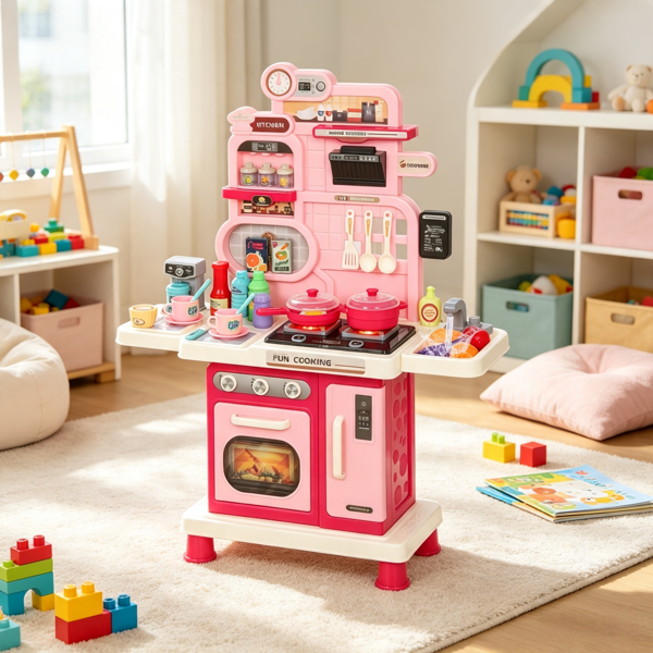 33-Piece Kids Play Kitchen, Lights, Sounds & Water Sink, Ages 3-6, Pink