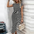 thumbnail image 6 of Smsaxvxz Women's Summer Dresses Fashion Stripe Crew Neck Short Sleeve Tie Knot Waist Maxi Dress Casual Slim Beach Sundress Black M, 6 of 7