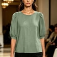 thumbnail image 3 of Vivianyo HD Women's Crew Neck Textured Blouse, Puff Short Sleeve Solid Loose Casual Summer Shirts for Women, Women's Green, Sizes S-2XL, 3 of 5