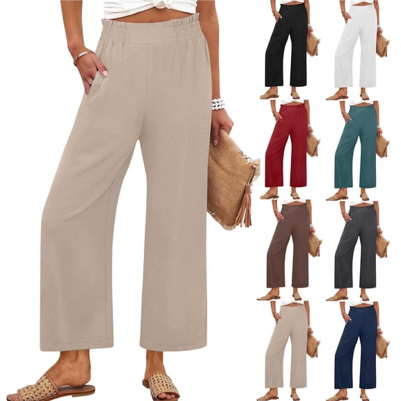 Yuanlook Women's Wide Leg Palazzo Pants Summer Beach High Waisted Cropped Flowy Pants 2026 Dressy Casual Trousers with Pockets S-XXL
