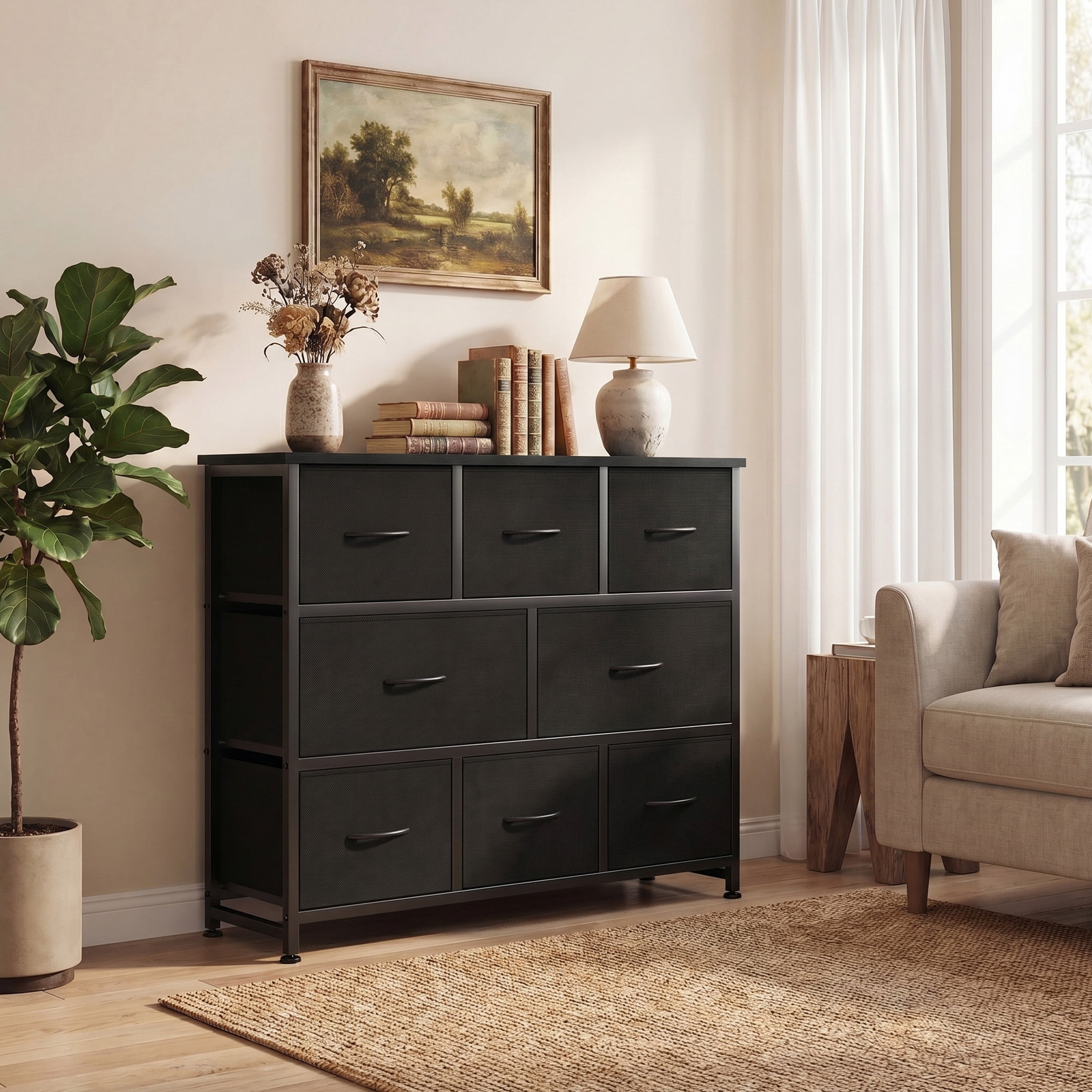 edx 8 Drawers Fabric Dresser, Chest of Drawers with Sturdy Steel Frame, Storage Organizer Cabinet for Bedroom, Living Room, Hallway, Black