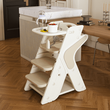 3-in-1 High Chair with Five-point Seat Belts, Dining Booster Seat with Detachable Dinner Plate and Height Adjustable Footstool, Toddler Tower for Babies and Toddlers