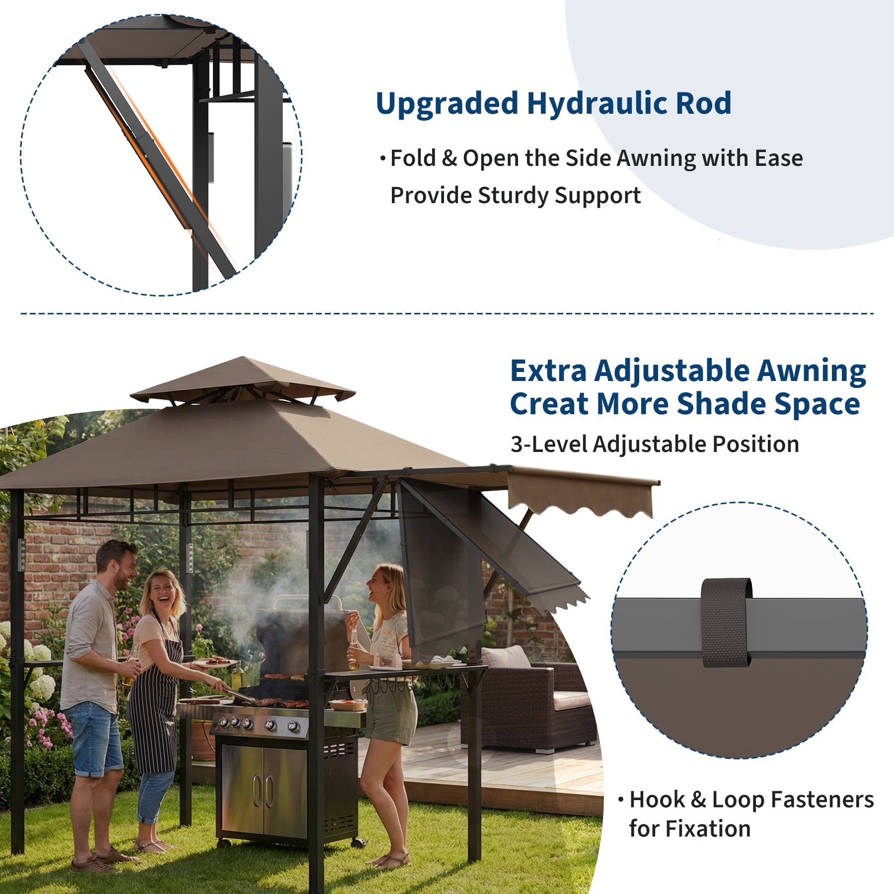 8x5 ft Grill Gazebo with Double-Tiered Roof, Heavy Duty Steel Frame BBQ Canopy with Side Shelves, LED Lights, Hooks & Bottle Opener for Backyard