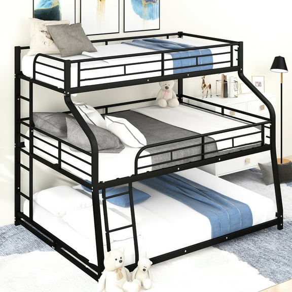 Twin Xl/full Xl/queen Triple Bunk Bed, Black With Stylish Design And Guardrails - Metal Frame Modern Bed Xl/queen, Full Guardrails, Long Space Efficient