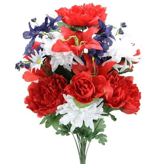 Artificial 24 Stem Peony - Lily & Mum Mixed Bush - Red, White & Blue