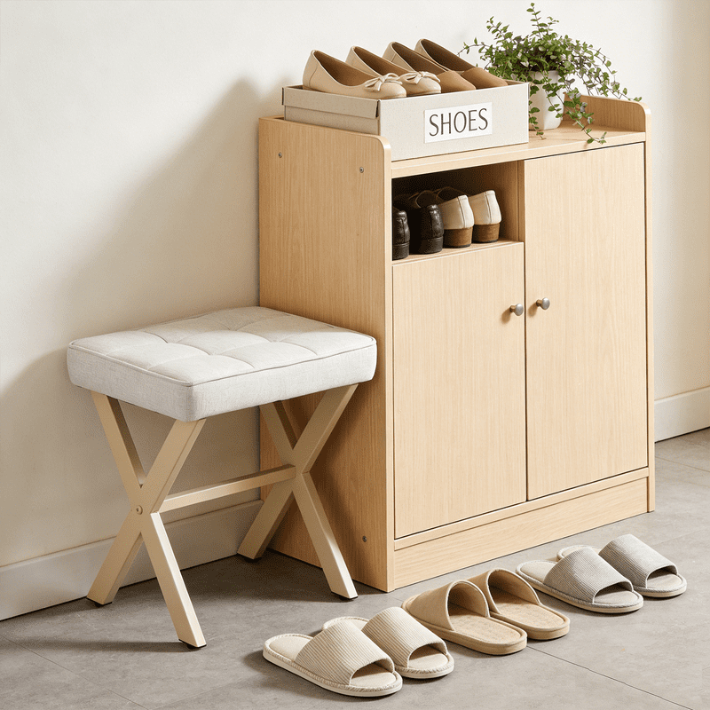 Linen Ottoman, 18" Makeup Vanity Stool, Small Square Padded Footrest for Bedroom, Living Room,Beige