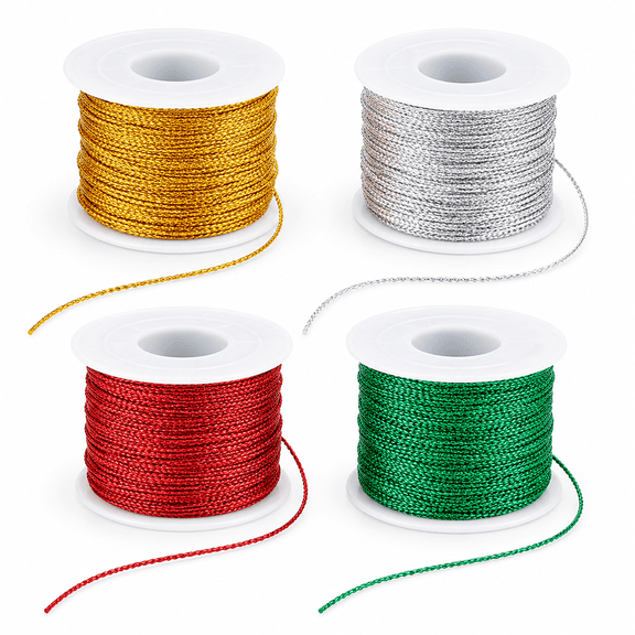 Meilimei Christmas Twine and Ornament String, 4 Rolls a generous 164 feet (50 meters)Metallic Tinsel Cord for Gift Wrapping & Tree Hanging, Gold Silver Red Green Craft Ribbon for Holiday Decor