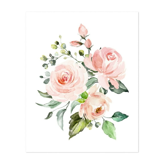 Pink Flowers, Watercolor Flowers, Pink Roses, Greenery, Girl Nursery - Illustration Floral Watercolor Flowers Botanical Pastel Garden Nature Unframed Wall Art Print 6 x 8 inches