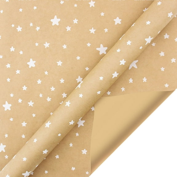 BNNG Christmas Wrapping Paper, Retro Brown Paper Snowflake Christmas Gift Wrapping Paper Pom Star Gift Box Wrapping Paper 1 Roll, 39x17 Inch, Gold, Single-sided Prints
