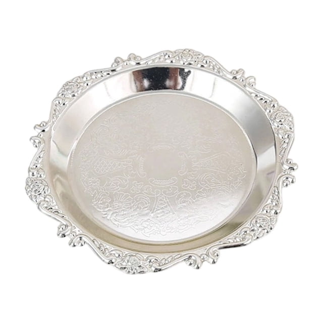 Jewelry Organizer Tray Silvery Metal Embossed Design 7.87 in Diameter For Vanity Bedroom Home Decor