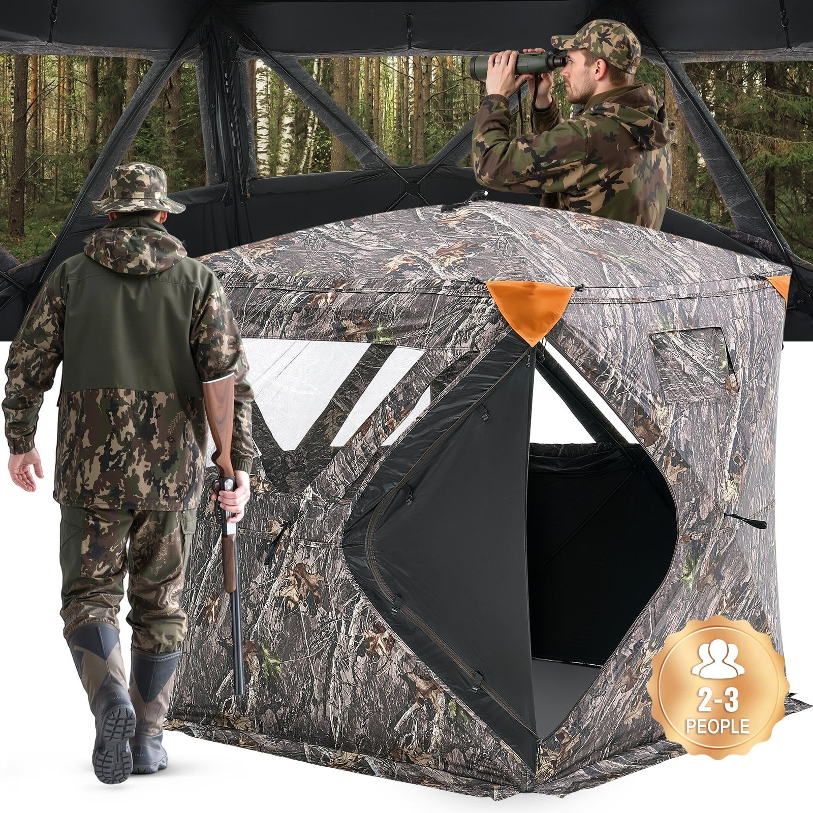 Hunting Blind 270° Ground Blind 2-3 Person Pop Up Deer Blind for Hunting with Carrying Bag Portable Resilient Hunting Tent 3 Horizontal Windows for Turkey and Deer Hunting