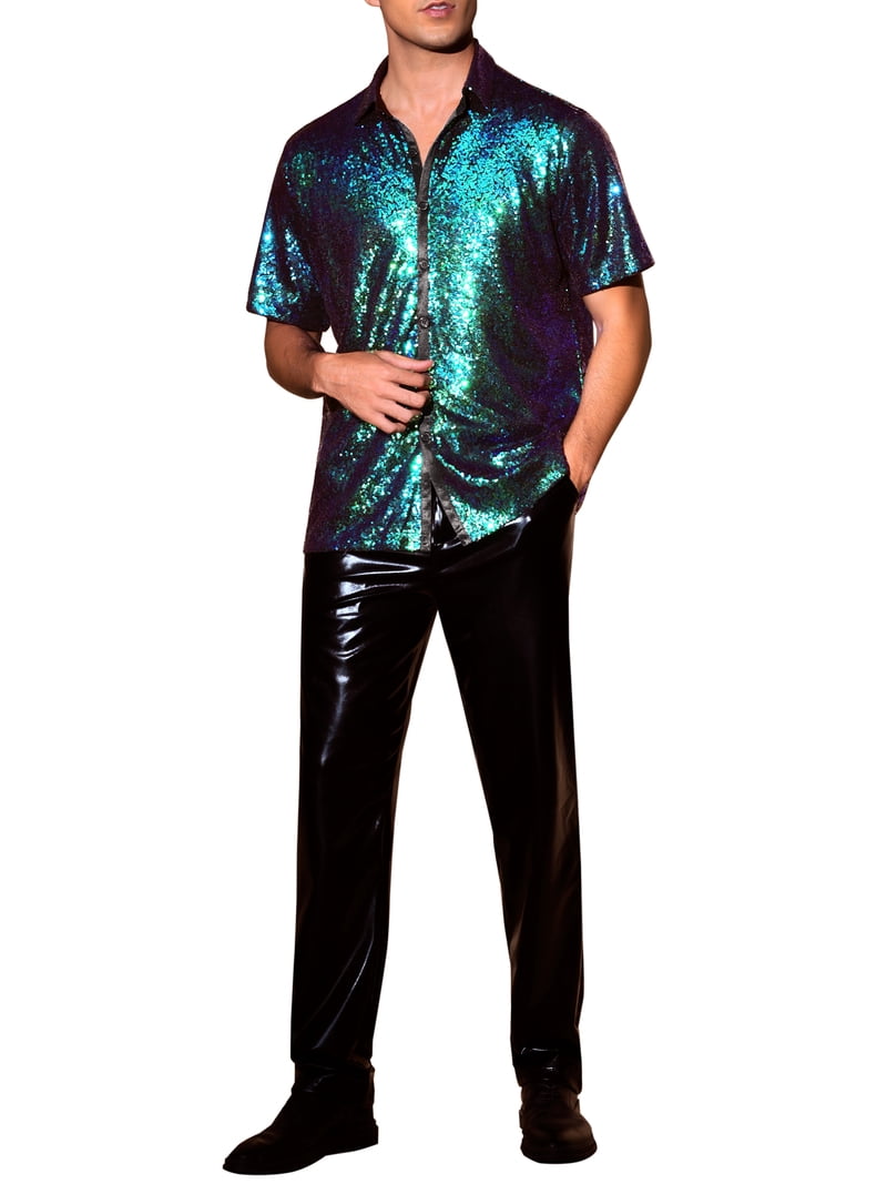 INSPIRE CHIC Sequin Shirts for Men's Glitter 70s Disco Shirt