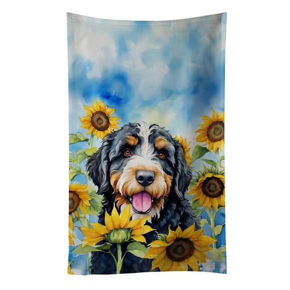 Bernedoodle in Sunflowers Kitchen Towel 15 in x 25 in