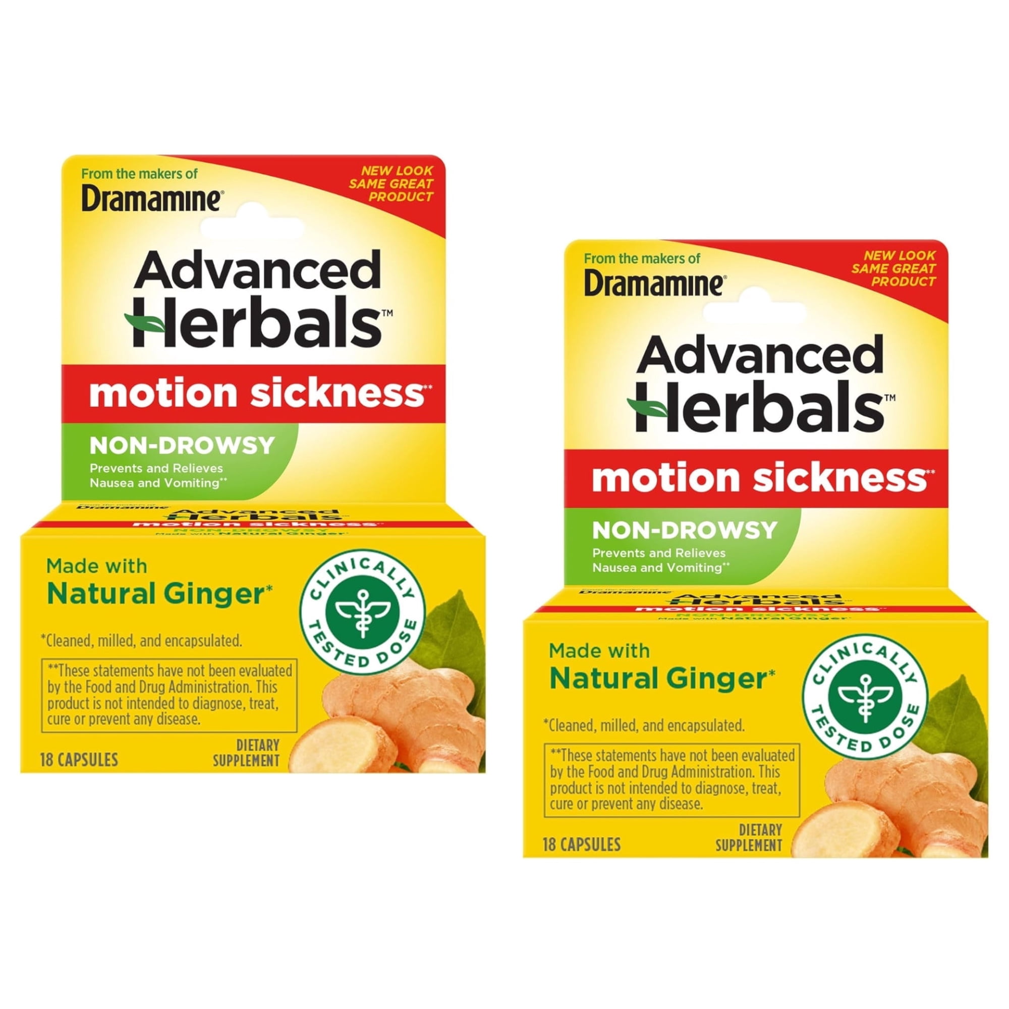 Dramamine, Advanced Herbals, Non-Drowsy, Motion Sickness Relief, Made with Natural Ginger, 18 Count, - 2 Pack