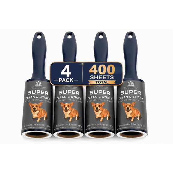 The Chalgroves Extra Sticky Lint Roller for Pet Hair, 400 Sheets, 4-Pack, Ergonomic Handles, Cat and Dog Hair Remover