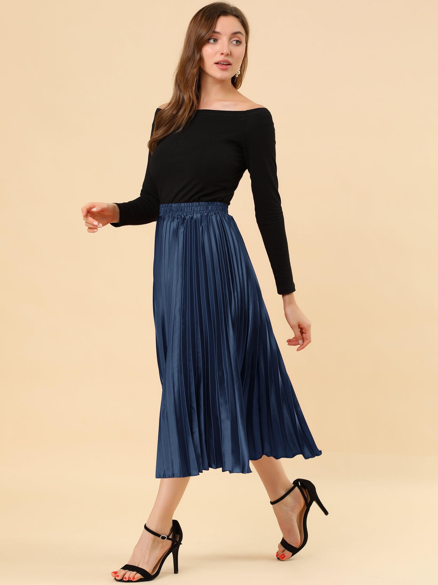 DARING DIVA Women's Midi Length Elastic High Waisted Pleated Skirt 2XL Dark Blue