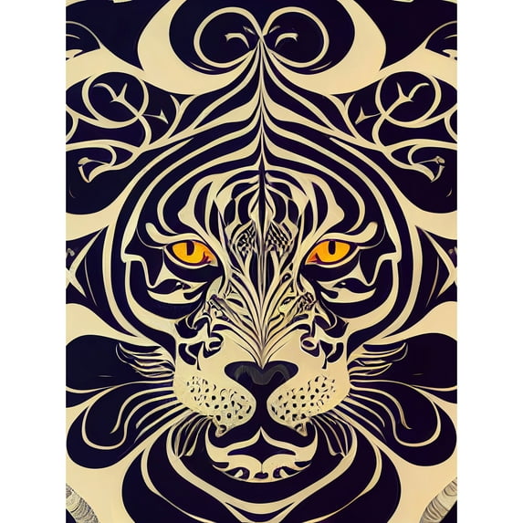 Symmetrical Illustration Of Tiger Face With Yellow Eyes Black And Cream Stripes Unframed Wall Art Print Poster Home Decor