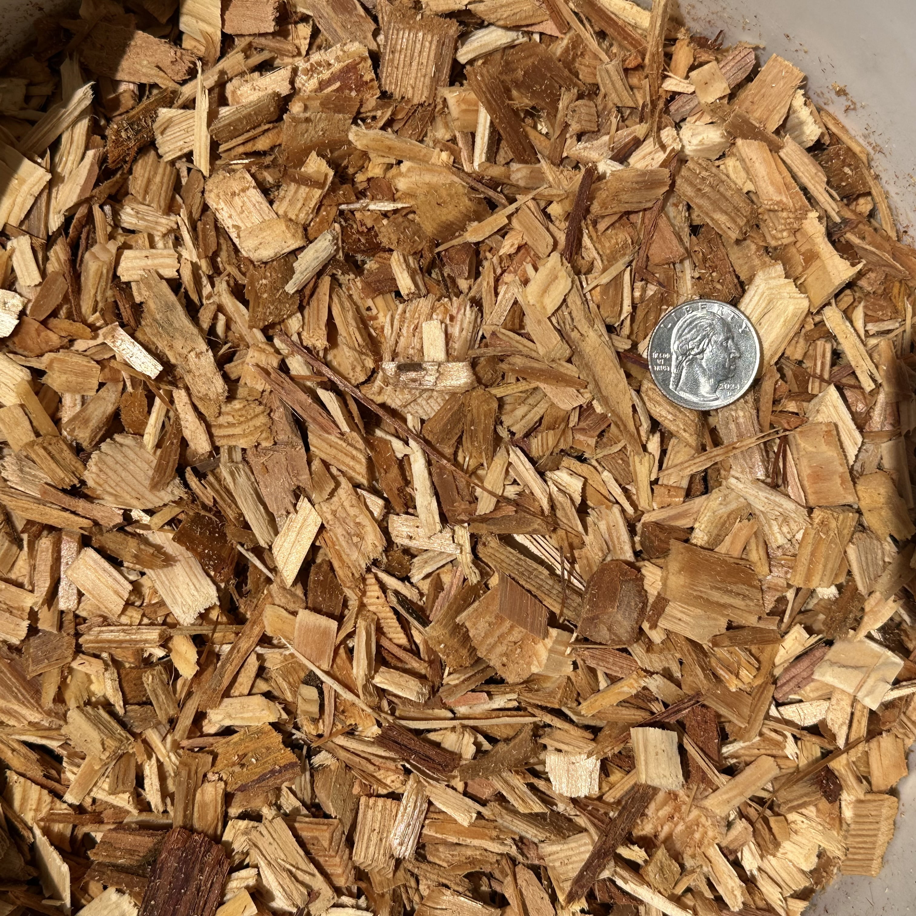 Fresh Natural Pine Wood Chips Shavings Mulch Garden Bark, (34QT). Use for No Splinter Kids Playground, Animal Enclosures, Livestock Pet Bedding, Landscaping Beds Pots, Decorative Walkways
