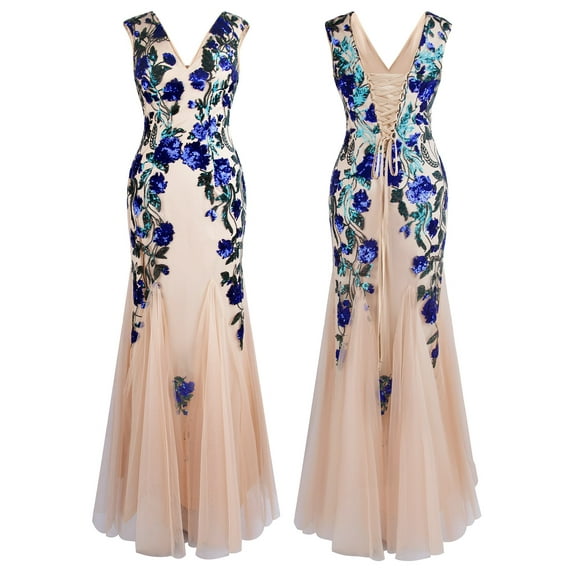 Angel-fashions Women's Vintage Gatsby V Neck Illusion Tulle Lace Up Long Wedding Party Gown Flowers Sequins Evening Dress Blue Medium