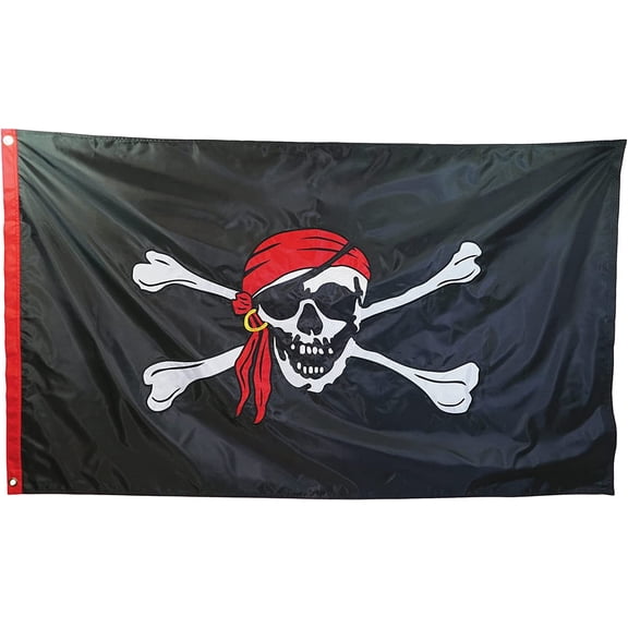 In the Breeze 3712 — Jolly Roger Embroidered 3x5 Double Sided Grommet Flag, Outdoor Pirate Flag