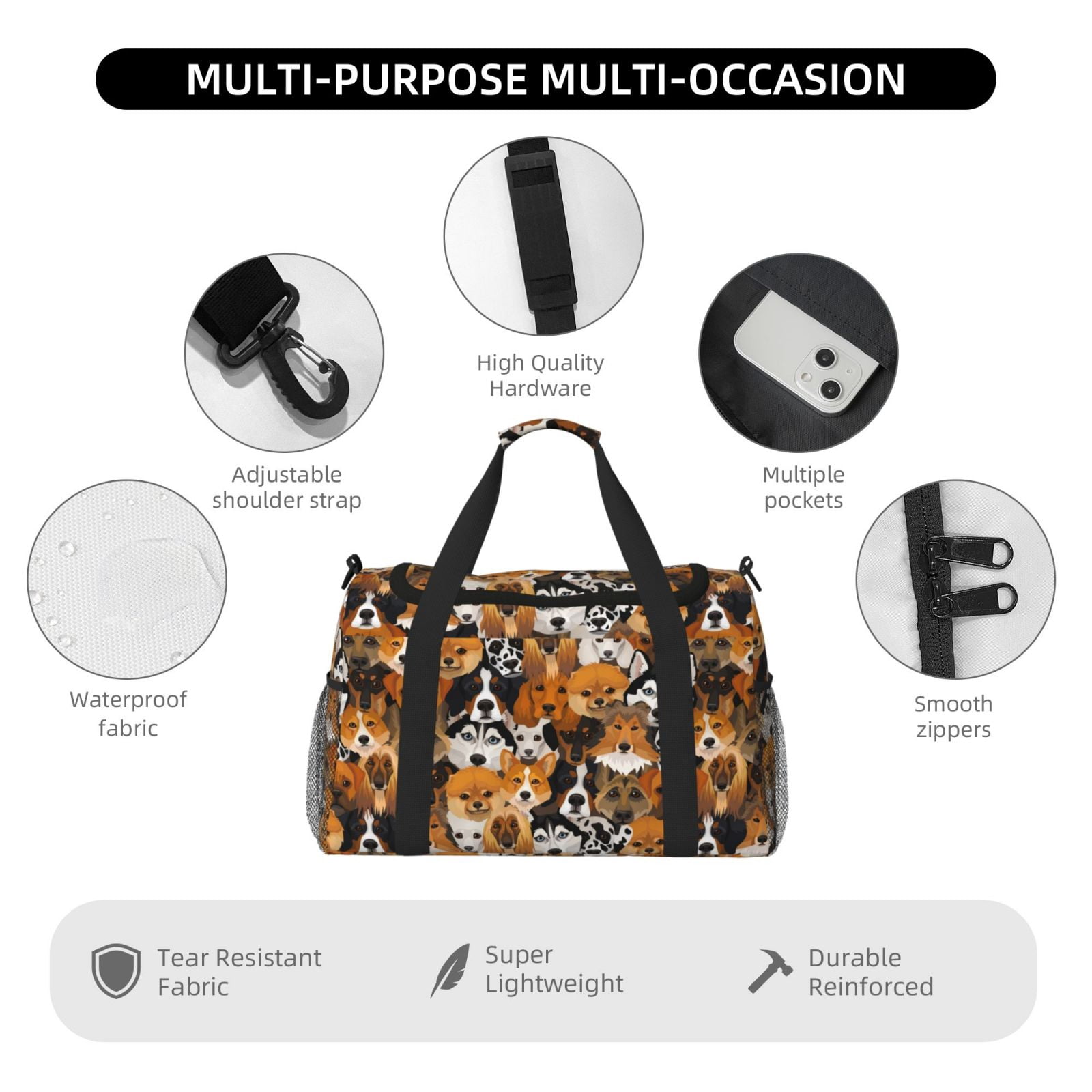 Picia Dogs Different Breeds Print Travel Duffle Bag,Weekender Bags for Women with Shoe Compartment, Gym Duffel Bag with Wet Pocket, Hospital Bags for Labor and Delivery