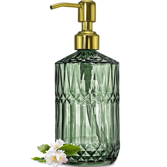 18Oz Green Glass Soap Dispenser with Gold Rust Proof Pump, Refillable Kitchen soap Dispenser for Dish Soap, Soap Dispenser Bathroom for Hand soap, Lotion, Body Wash.