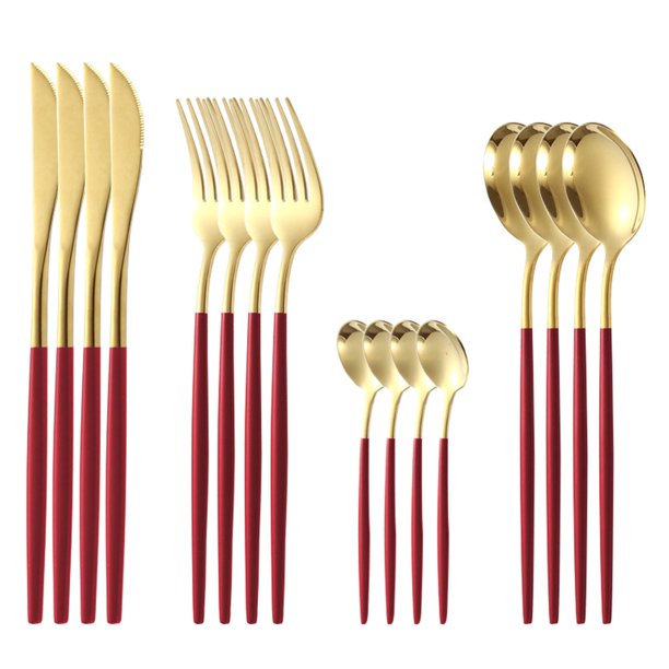 Juego de cubiertos dorados mate con cuchillos para carne, juego de cubiertos dorados de acero inoxidable, juego de 16 piezas, juego de cubiertos para 4, juego de cucharas y tenedores.