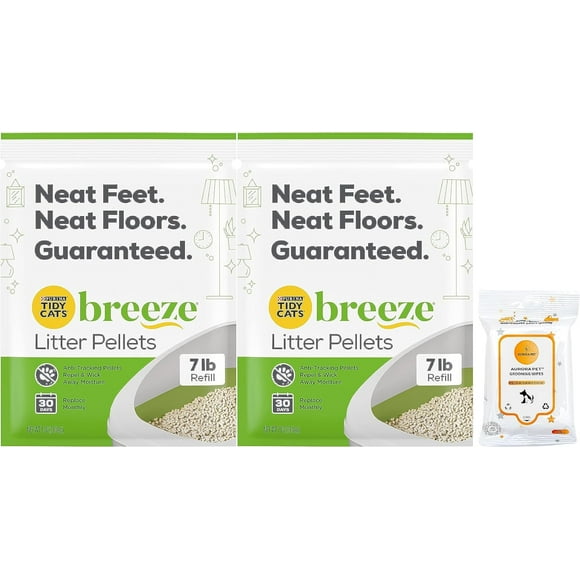 (2 Pack) Tidy Cats Breeze Litter Pellets, 7 lb Refill with Aurora Pet Wipes
