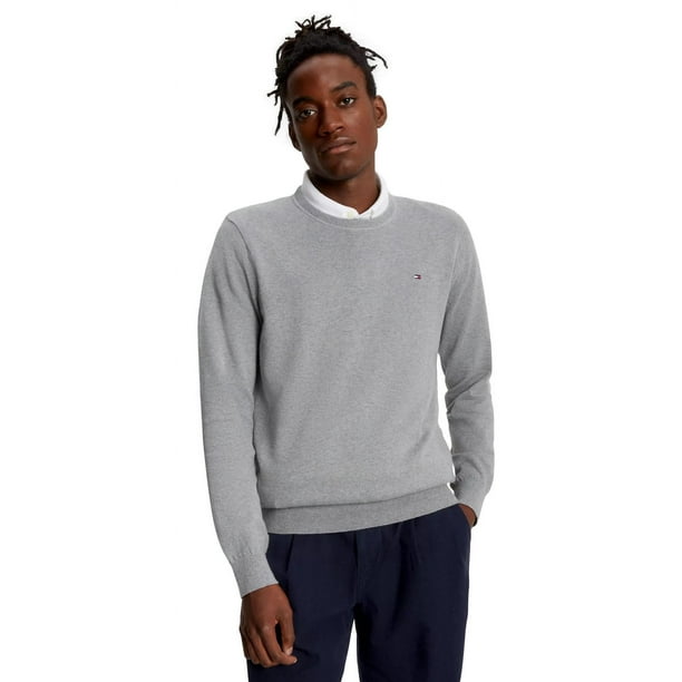 Jersey Tommy Hilfiger liso con cuello redondo para hombre, color gris, talla M