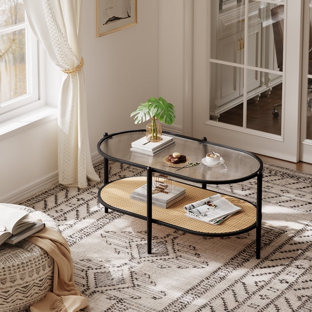 EDTara Oval Coffee Table With 2 Tiers, Tempered Glass Surface, Rattan Storage, and Durable Metal Frame for Apartment