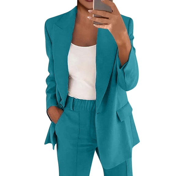 Women's Casual Long Sleeve Solid Lapel Cardigan Blazer Jacket Pants Set Blue XXXXL