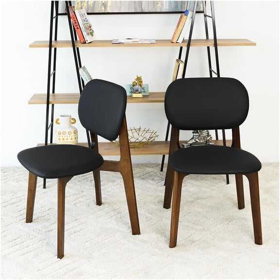 Mid-Century Modern Dining Chairs Set of 2, Black Faux Leather Upholstered Side Chairs with Walnut Wood Base