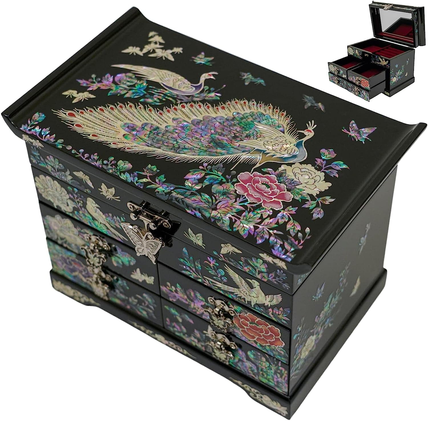 February Mountain Mother of Pearl Box with 4 Drawers Vintage Korean