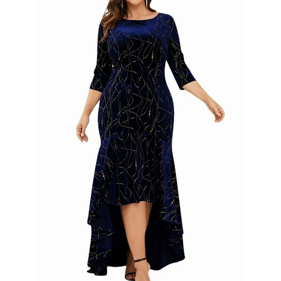 Plus Size Dresses for Women 3/4 Sleeves Mermaid High Low Hem Maxi Velvet Formal Dress Blue XXL